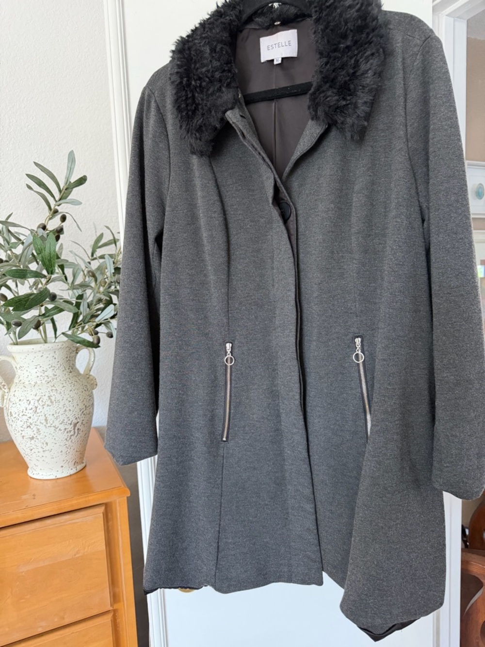 Estelle Women's Charcoal Gray Coat with Faux Fur Collar Size 16
